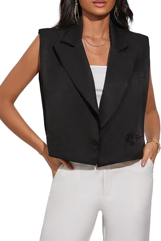 Verdusa Women's Sleeveless Peak Lapel Collar Single Button Down Vest Blazer | Amazon (US)
