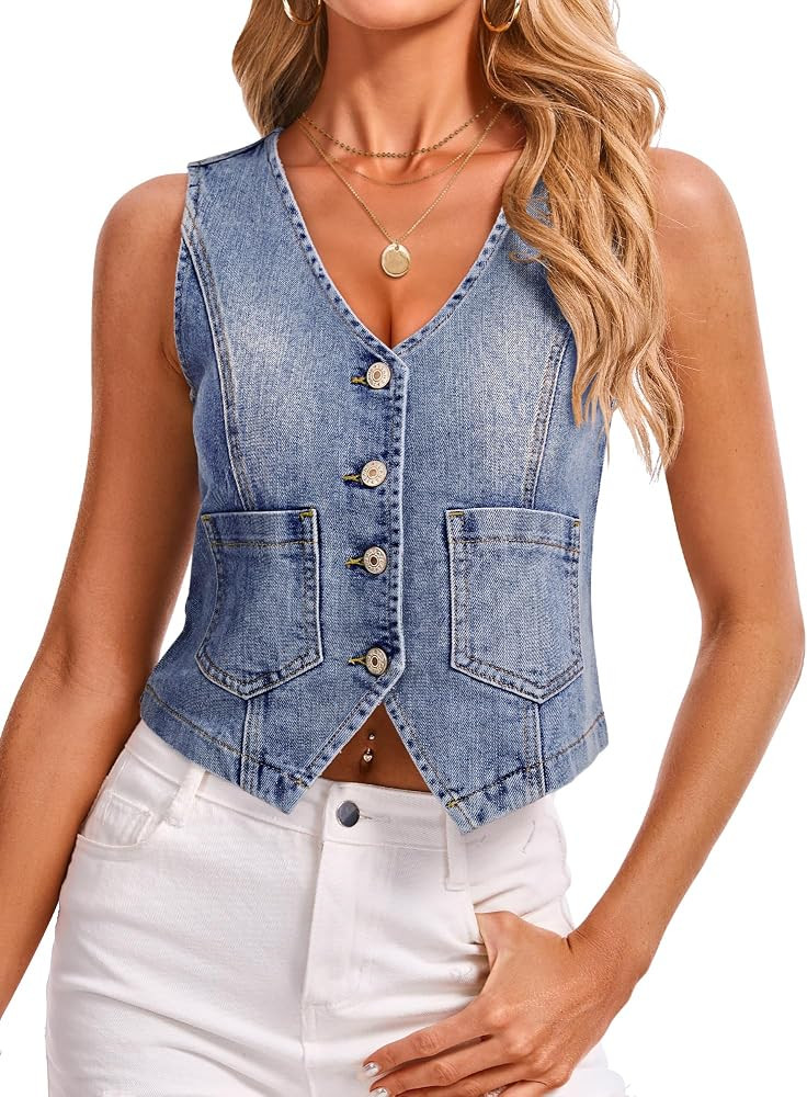 IVIR Denim Vest V Neck Jean Vest Tops for Women Sleeveless Button Down | Amazon (US)