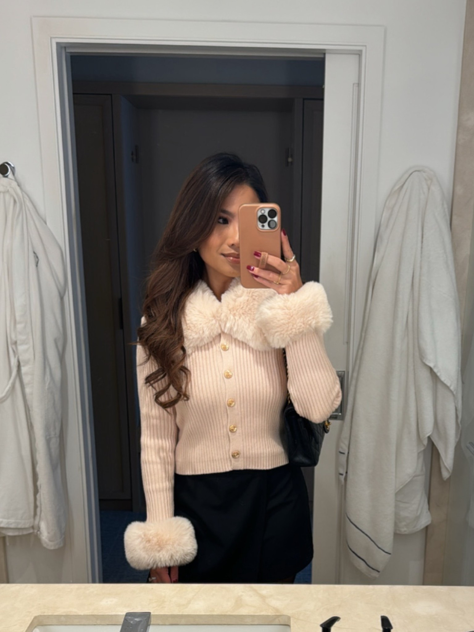Found one of my favorite faux fur cardigans back in stock and on sale! (The buttons aren’t gold on this current version.)

 Sized up to a small