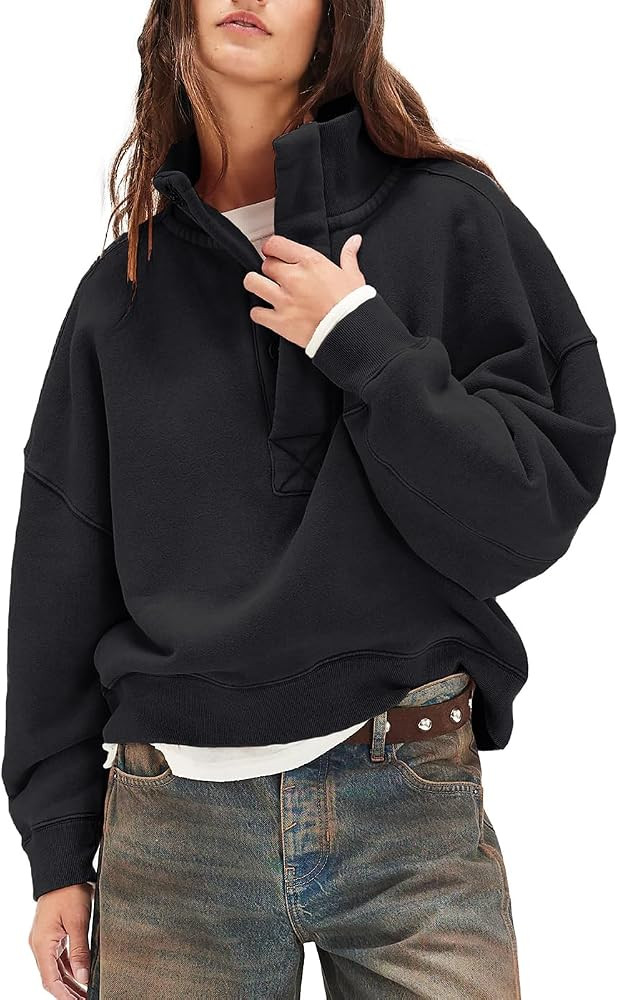 Sweatshirt for Women Long Sleeve 1/4 Button Mock Neck Pullover Tops Casual Outfits Top | Amazon (US)