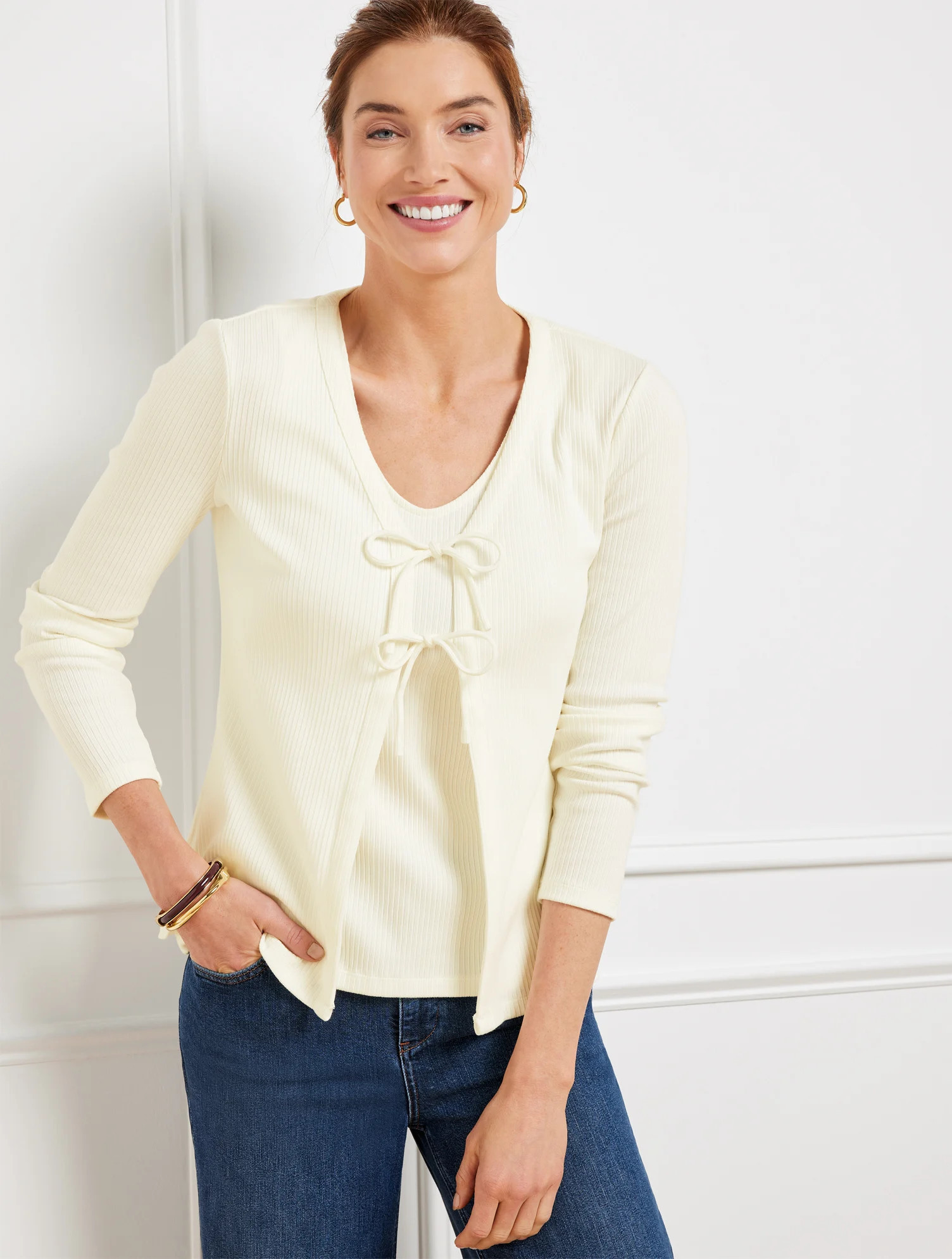 Ribbed Tie Front Cardigan Sweater - Ivory - XL Talbots | Talbots