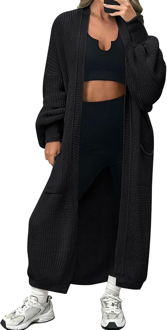 LILLUSORY Women's Oversized Long Cardigan Open Front Duster Sweater with Pockets | Amazon (US)