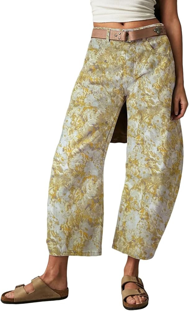 loveimgs Women Baggy Barrel Jeans Mid Rise Printed Denim Pants Wide Leg Jeans Boyfriend Y2k Patch... | Amazon (US)