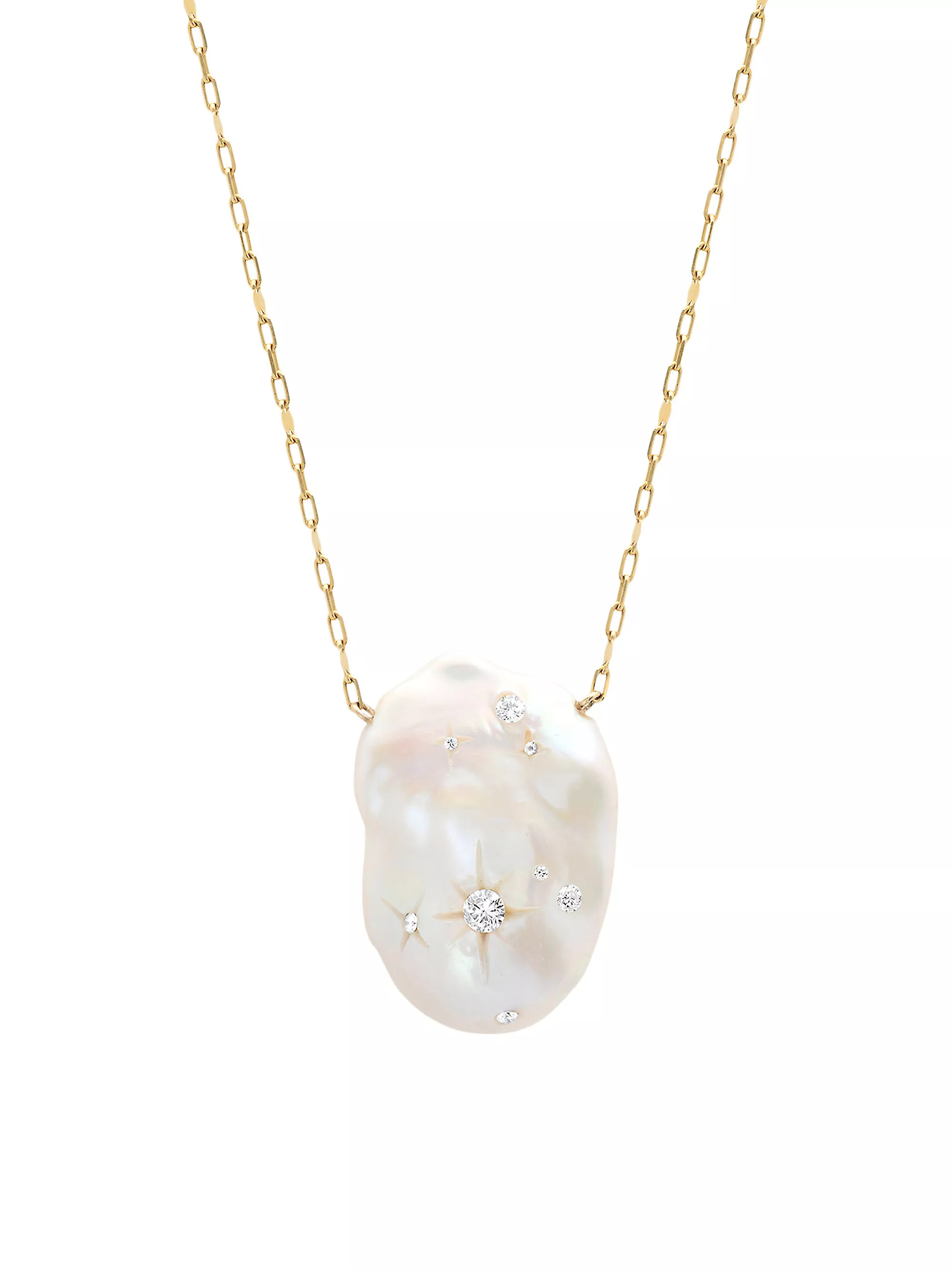 18K Yellow Gold, 22MM White Baroque Pearl & Diamond Galaxy Pendant Necklace | Saks Fifth Avenue