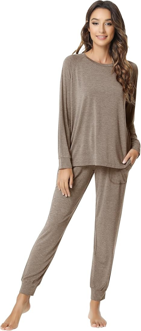 NACHILA Pajamas for Women-Viscose Made from Bamboo,Long Sleeve Pajama Sets Crew Neck Pj with Jogg... | Amazon (US)