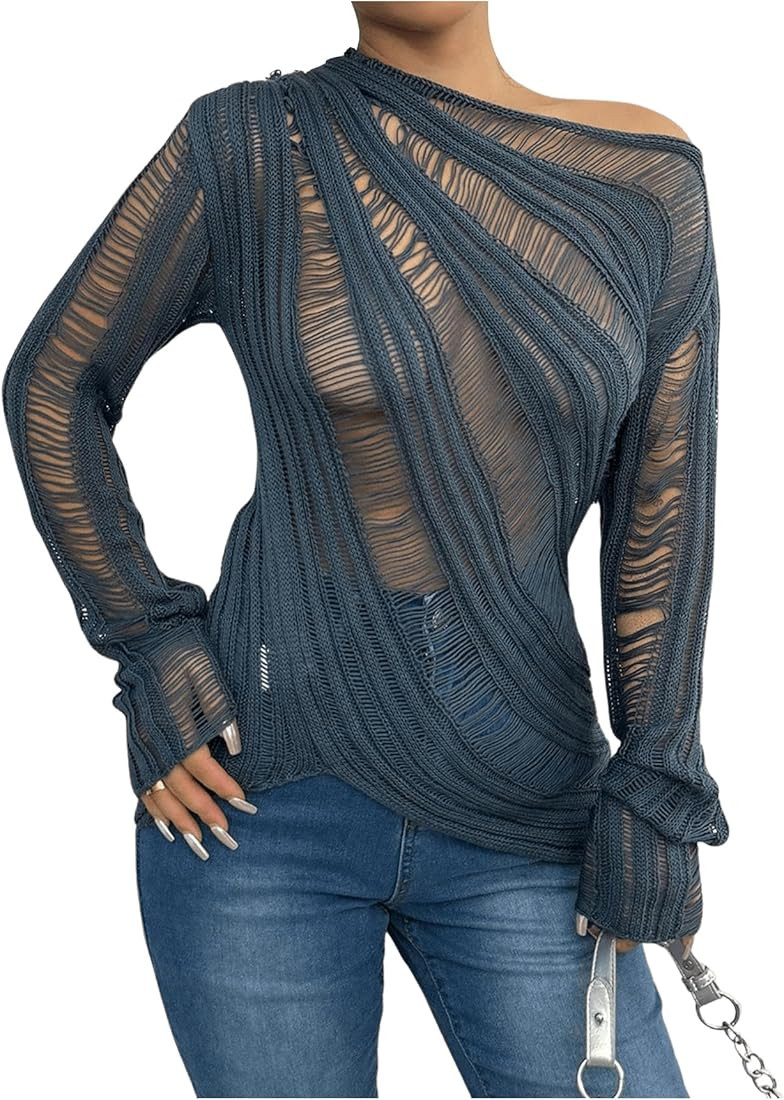 Women's Off Shoulder Hollow Out Sweaters Sheer Long Sleeve Asymmetrical Neck Knit Tops | Amazon (US)