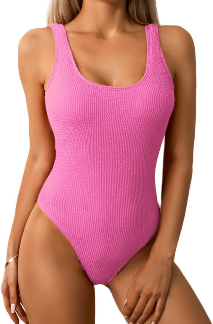 Limeeke Women One Piece Swimsuit Solid Ribbed Monokini Swimwear Scoop Neck Low Back Bathing Suit | Amazon (US)