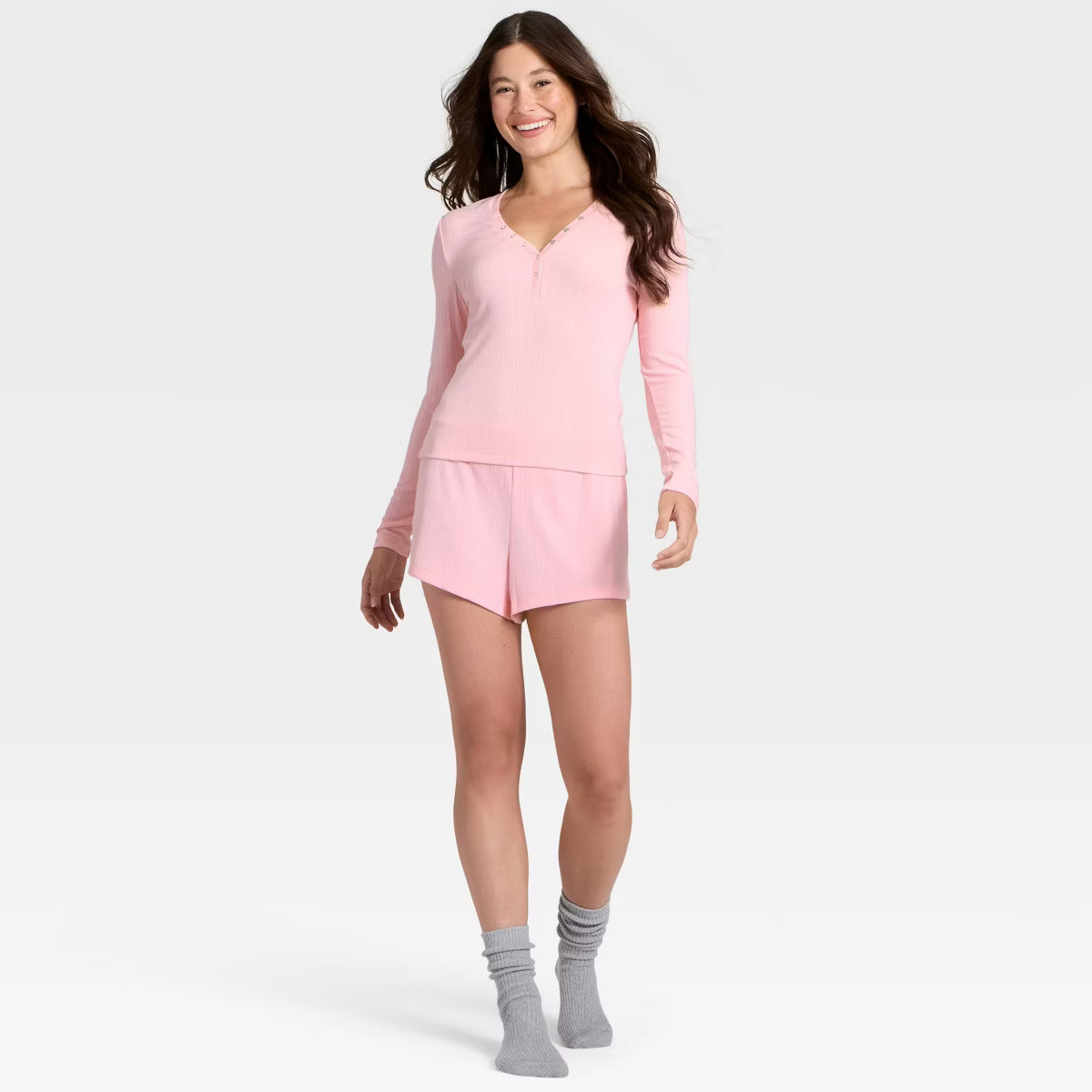 Women's Ribbed Long Sleeve Shirt and Shorts Pajama Set - Auden™ | Target