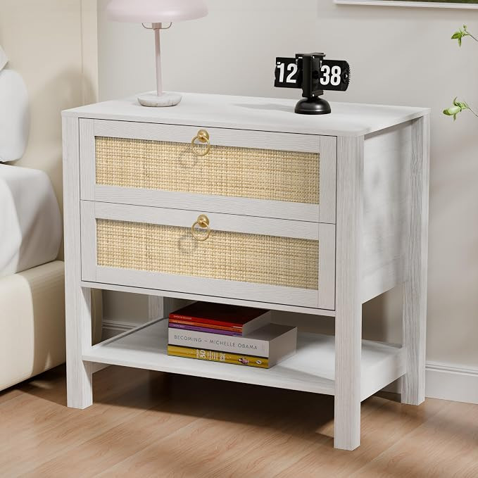 Rattan Nightstand with 2 Drawers and Storage Shelf, 26” Tall Boho Night Stand, Wood Large Bedsi... | Amazon (US)
