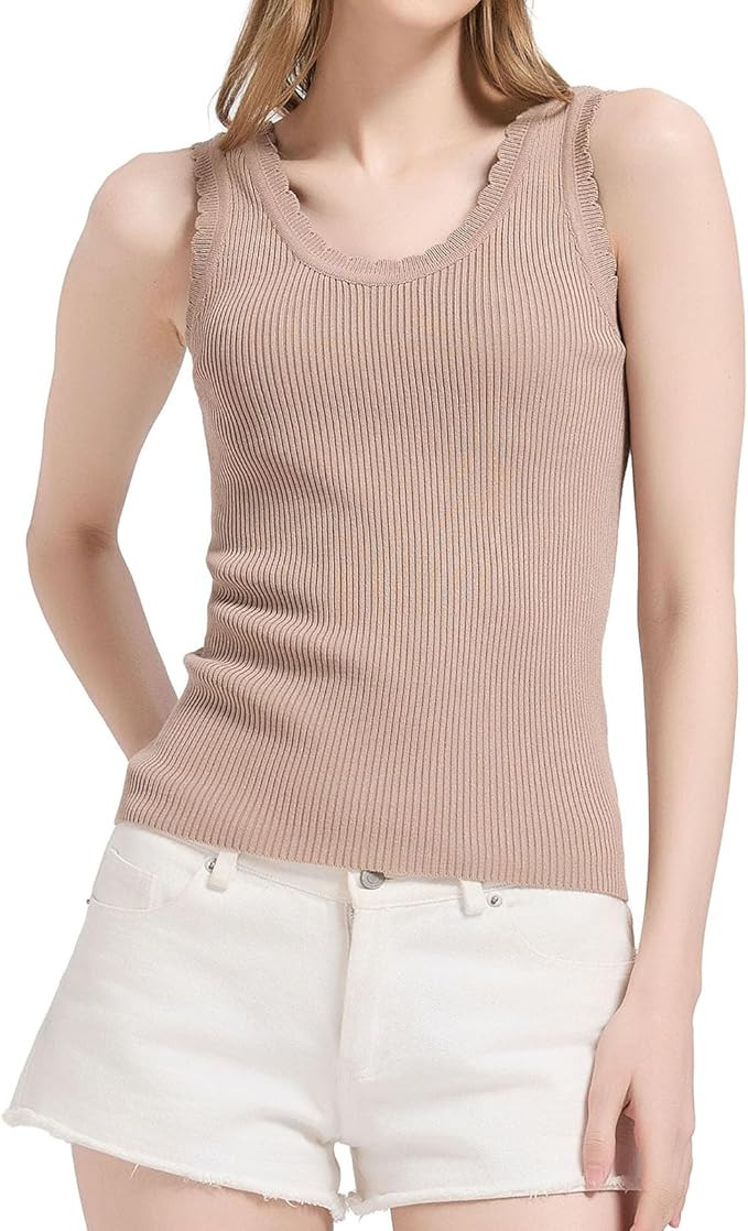 Orolay CHIIONE Womens Ribbed Tank Top Soft Knit Sweater Shirt Scalloped Trim Sleeveless Top Fitte... | Amazon (US)