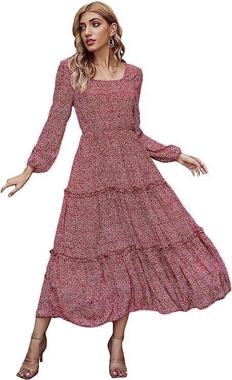 SweatyRocks Women's Long Sleeve Floral Print Flared Flowy Chiffon Maxi Dress | Amazon (US)