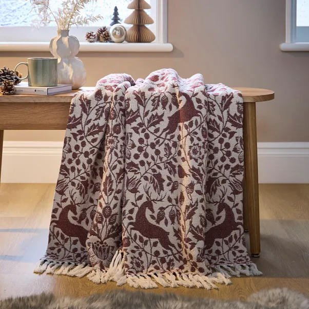 Red Stag Reversible Cotton Jacquard Fringed Throw, 130cm x 170cm | Dunelm
