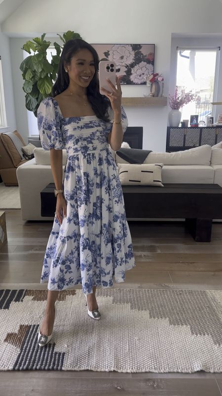 Spring outfit with blue floral midi dress with puff sleeve, tiered skirt, pockets and midi length. I love this silhouette because it’s so feminine and chic. Wearing size XS and it fits TTS. 20% off for the Abercrombie x LTK Spring Sale! 

#LTKstyletip #LTKSpringSale #LTKsalealert
