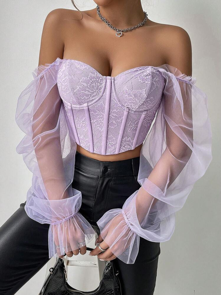 Glamine Women Mesh Lace Fishbone Pressed Line Off Shoulder Fashion Summer Top Fall Cloth For Wome... | SHEIN