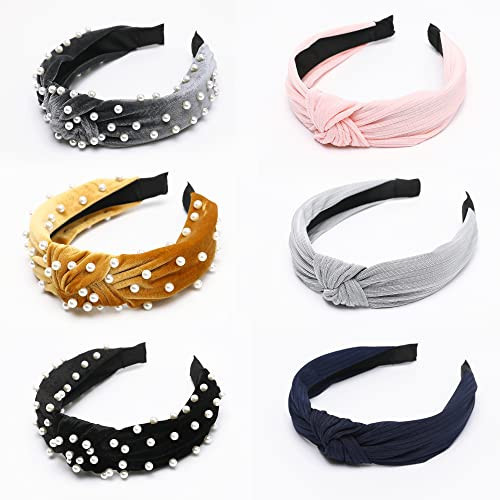 LOVNFC Womens Headbands 6 Pcs Knotted Head Bands No Slip Fashion for women Girls Wide Top Knot Turban Hair Bands Velvet Hair Hoops Hairband (gray blue pink) | Amazon (US)