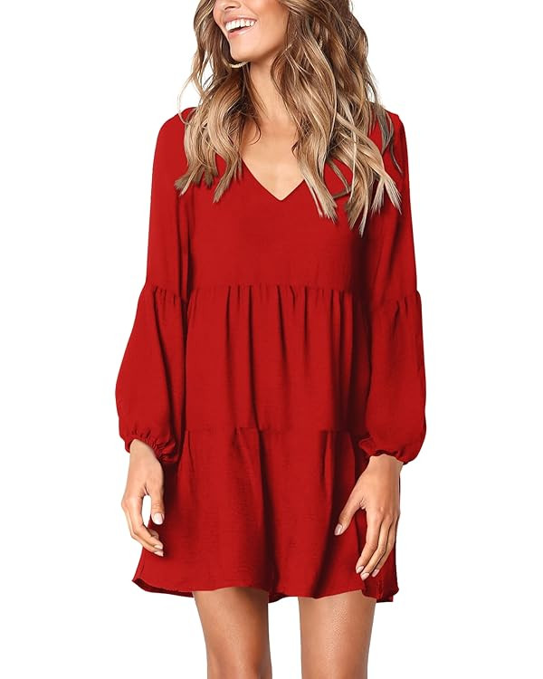 Amoretu Women Summer Tunic Dress V Neck Casual Loose Flowy Swing Shift Dress | Amazon (US)