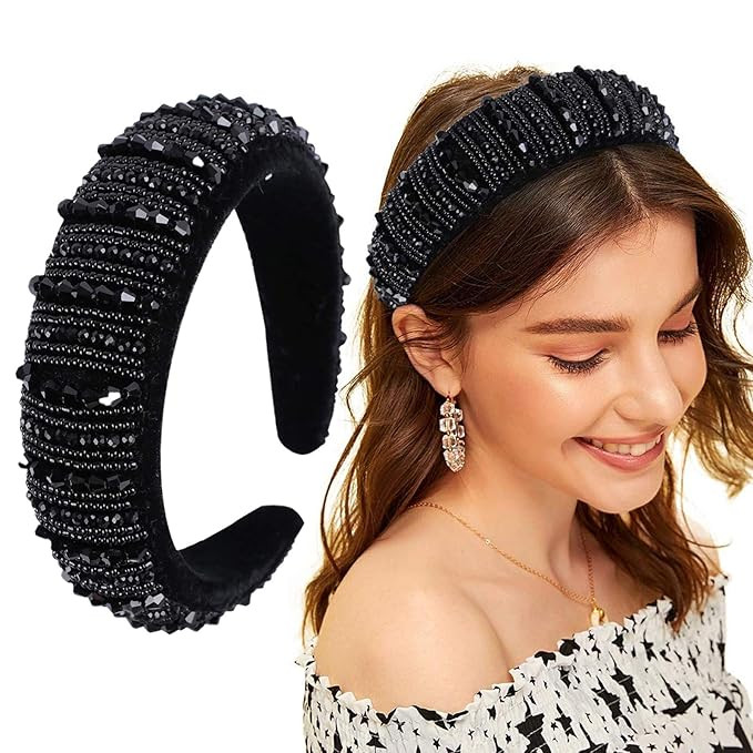 Velvet Padded Rhinestone Headband for Women Crystal Embellished Hair Hoop Races Goth Wedding Head... | Amazon (US)