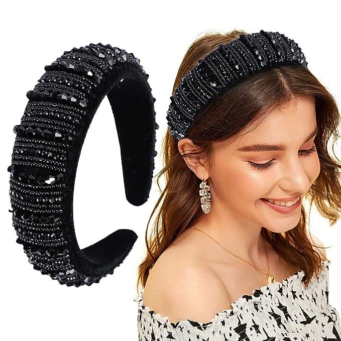 Velvet Padded Rhinestone Headband for Women Crystal Embellished Hair Hoop Races Goth Wedding Head... | Amazon (US)