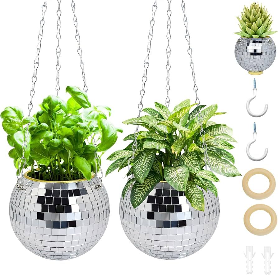 Tialero Disco Ball Planter, 2Pcs 6"/8" Disco Planter with Hanging Chain & Hook & Ring Stand, Disc... | Amazon (US)