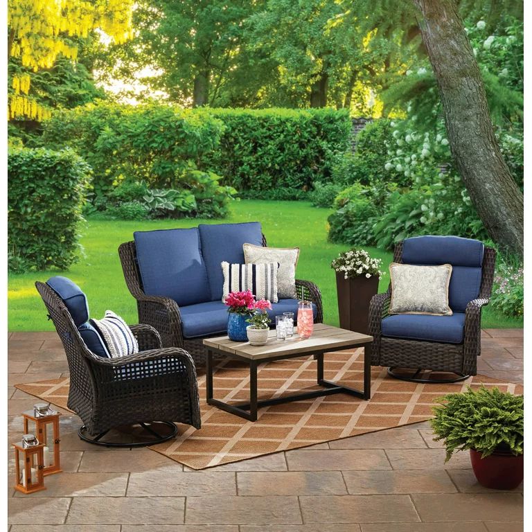 Better Homes & Gardens Ravenbrooke 4-Piece Outdoor Wicker Swivel Chair Conversation Set, Blue | Walmart (US)