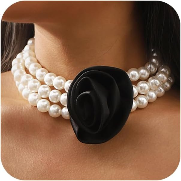 Large Red Rose Flower Pearls Choker Necklace for Women Exaggerated Oversized Floral Triplex Pearl... | Amazon (US)