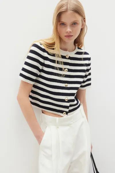 Short-sleeved Cardigan - Cream/striped - Ladies | H&M US | H&M (US + CA)