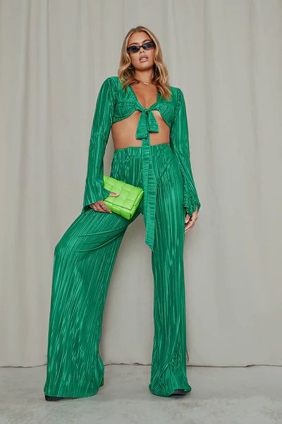 Emerald Green Plisse Wide Leg Trousers | ISAWITFIRST UK