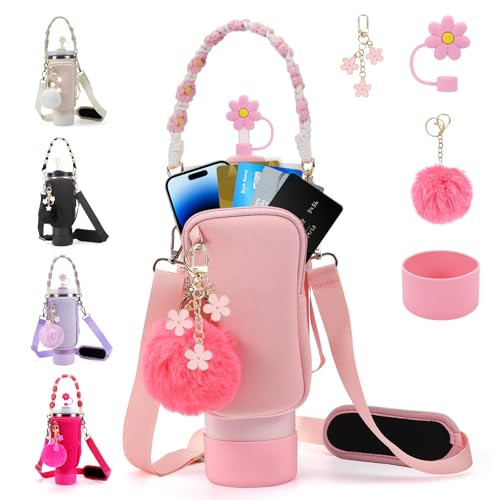 Stanley Cup Accessories Set Including Water Bottle Carrier Bag,Water Bottle Holder with Strap,Straw Cover,Stanley Charms,Silicone Boot for Stanley 40oz 30oz Tumbler (Pink) | Amazon (US)