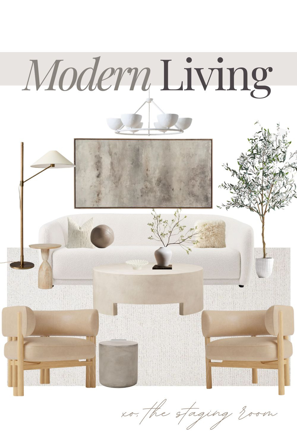 Transform your home with a modern living room design that flawlessly executes the organic modern aesthetic. 

This curated space centers on a white bouclé sofa, paired with sculptural tan leather armchairs to create a sophisticated, quiet luxury vibe.

Key evergreen elements like the concrete coffee table, wood pedestal side table, and a striking white plaster chandelier bring varied textures into a cohesive, neutral palette. Adding a faux olive tree and large-scale abstract wall art finishes the room with an editorial touch that feels both airy and grounded. These designer-approved finds are perfect for a minimalist yet warm home refresh.#livingroomdecor #organicmodern  

 

#LTKhome #LTKsale #LTKhome