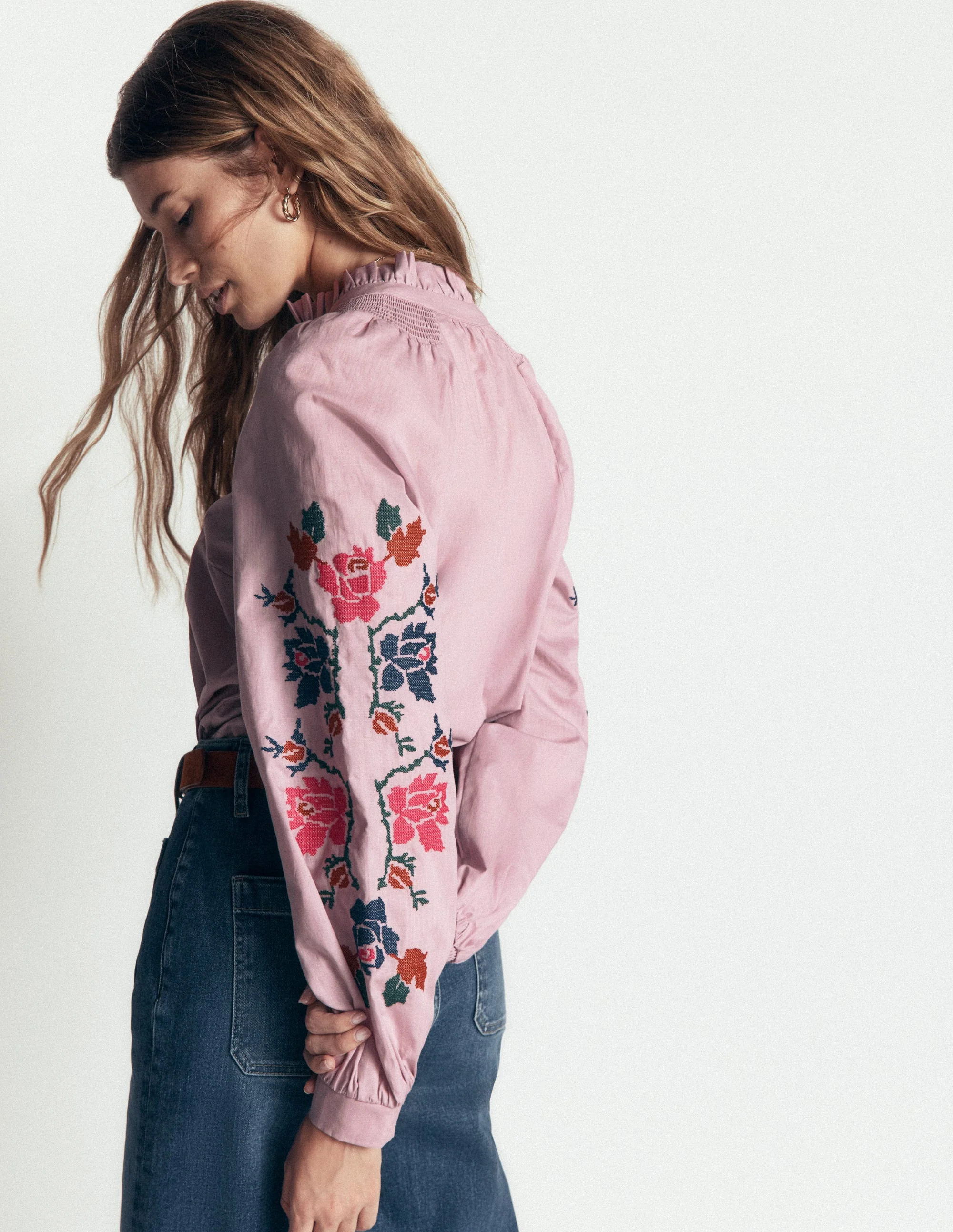 Erica Cotton Frill Top-Soft Pink, Embroidered Floral | Boden (US)