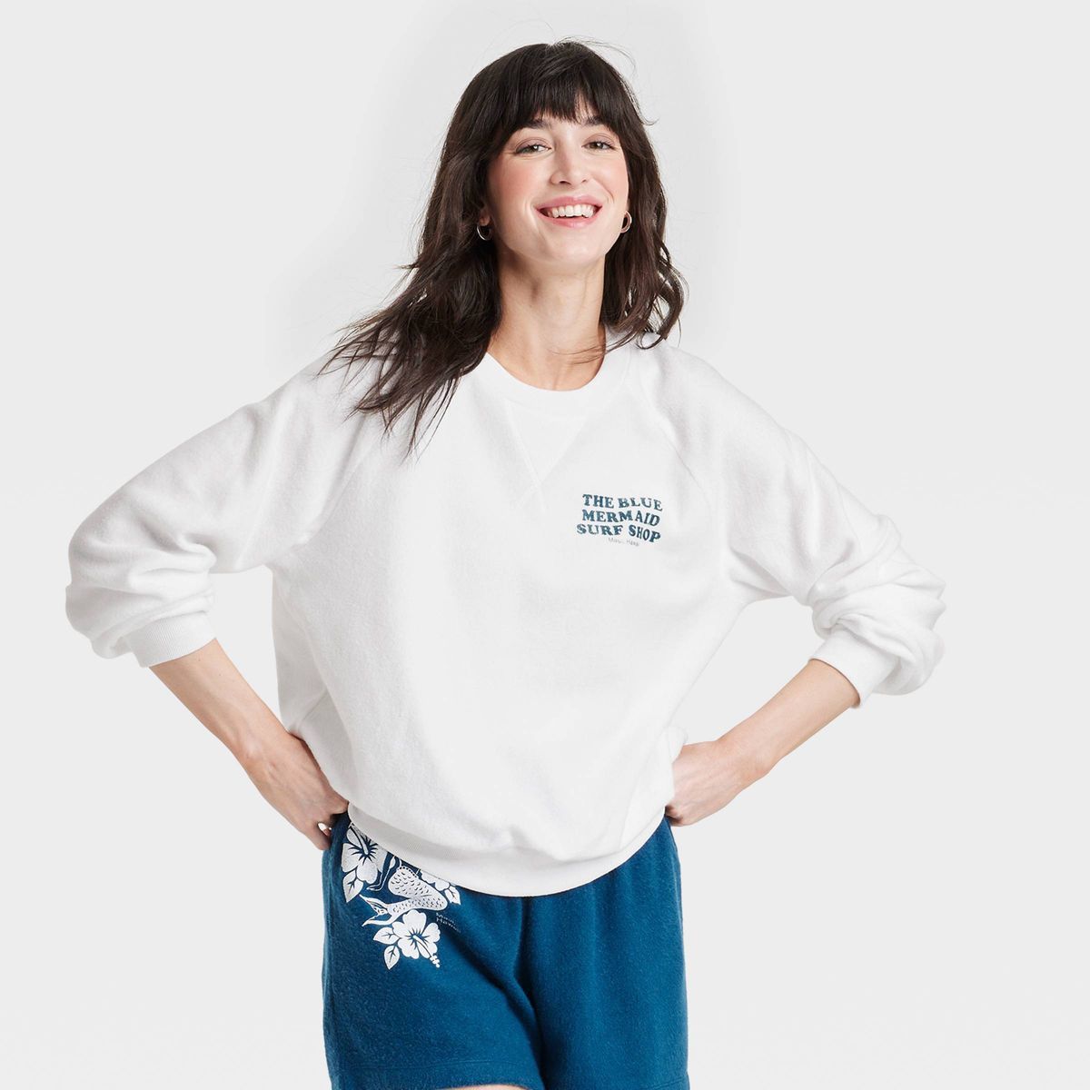Women's Blue Mermaid Surf Shop Graphic Sweatshirt - White | Target