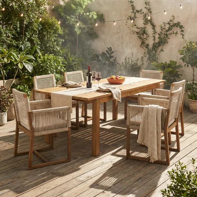 7 Pieces Acacia Wood Outdoor Dining Set with Cushions,Modern 6 Chairs with handwoven cord and 1 Large Table, Dining Furniture Set for Lawn, Backyard, | Wayfair North America