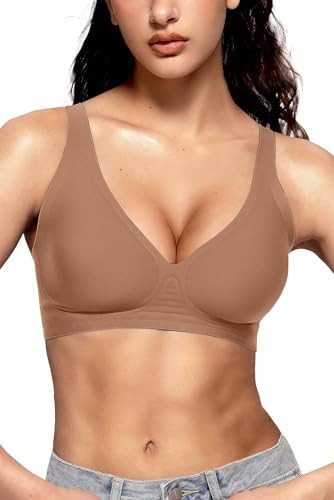 Vertvie Womens Wireless Seamless Bras Deep V No Underwire Push Up Bras Supportive Full Coverage Bralettes Plunge T Shirt Bra(Taupe,Large) | Amazon (US)