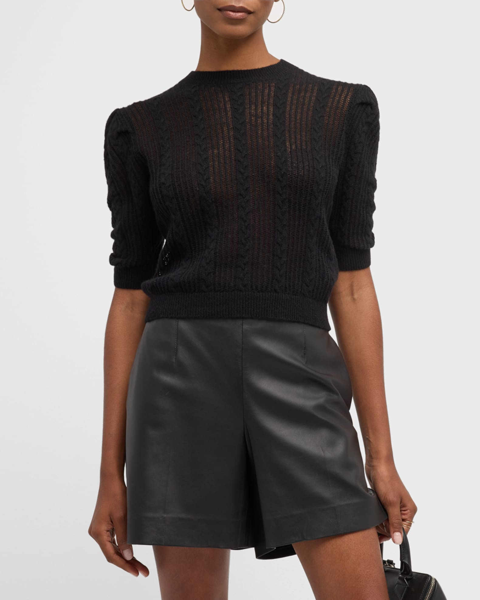 Pointelle Cashmere Ruched-Sleeve Sweater | Neiman Marcus