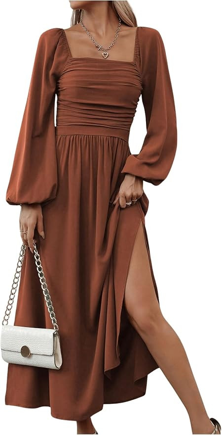 Floerns Women's Square Neck Lantern Long Sleeve Split Ruched Midi Dresses | Amazon (US)