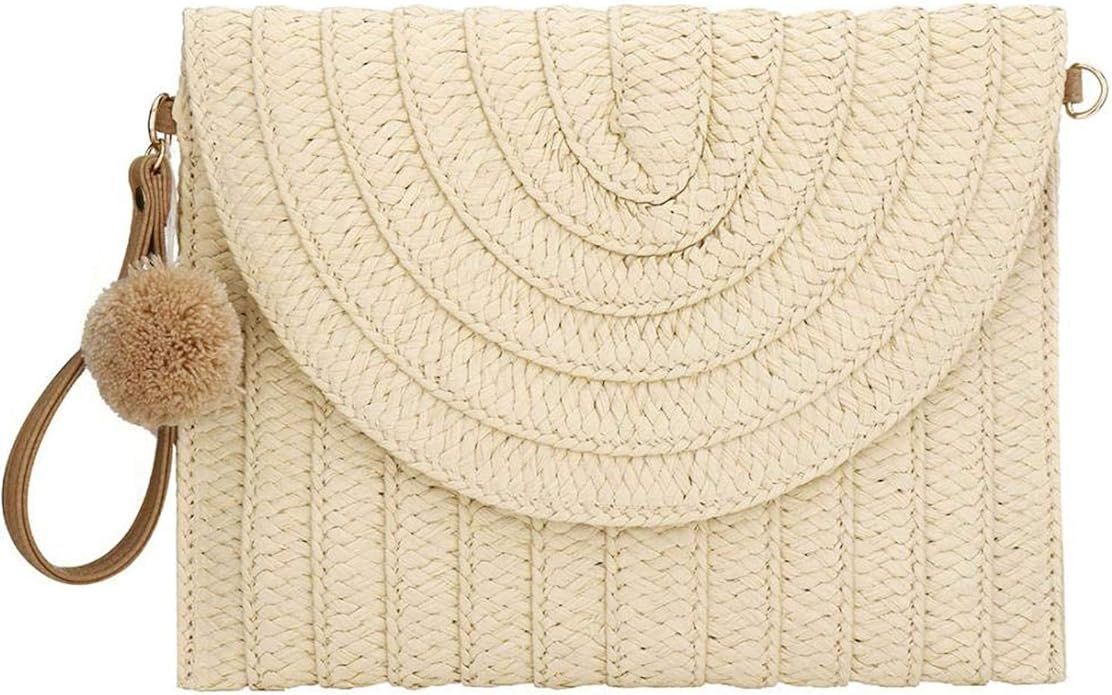 Byinns Straw Clutch Handbag for Women with Pom Pom Strap Bohe Clutch Bag Purse Wallet for Summer ... | Amazon (US)