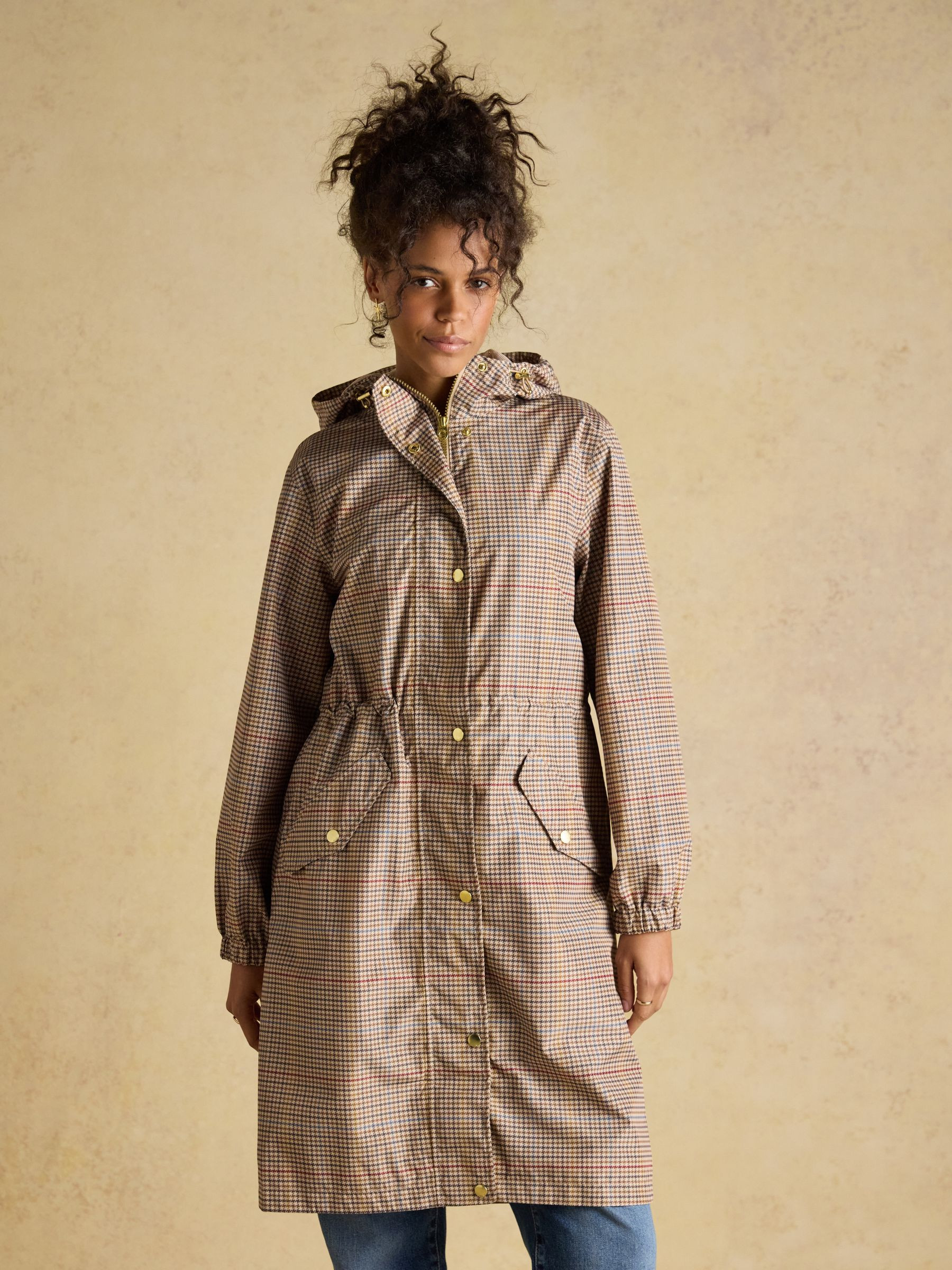 Holkham Neutral Check Waterproof Packable Raincoat With Hood | Joules | Joules