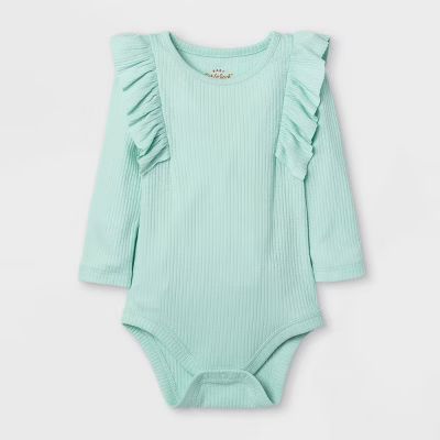 Baby Girls' Rib Ruffle Long Sleeve Bodysuit - Cat & Jack™ Mint Green | Target