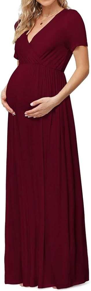 Women's Casual Maternity Maxi Dress V Wrap Baby Shower Pregnancy Dresses | Amazon (US)