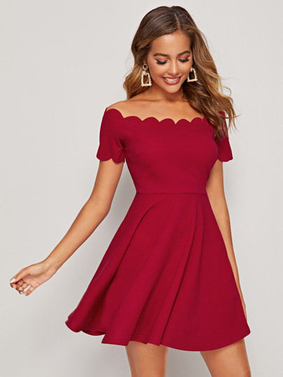 SHEIN Scallop Trim Fit And Flare Bardot Dress | SHEIN