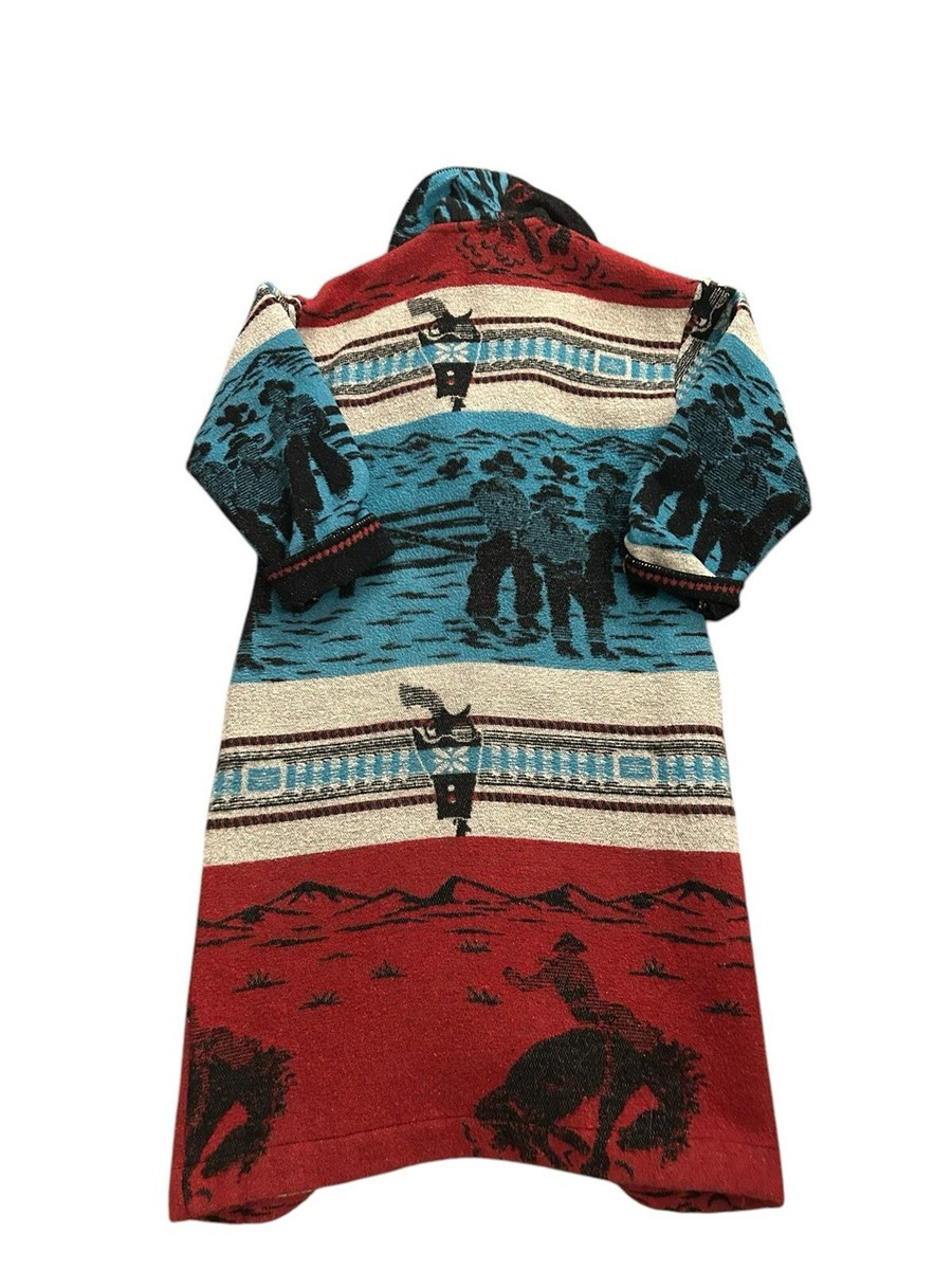 VINTAGE Circle T Coat Women's Medium Blue Red  Aztec Blanket Native Wool Blend  | eBay | eBay US