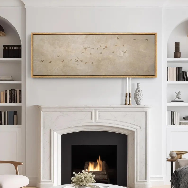 Flying Birds Silhouette Wall Art, Large Framed Neutral Beige Sky Canvas Print, Minimalist Nature ... | Etsy (US)