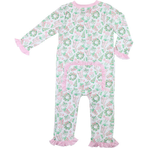 Pink And Green Holiday Print Knit Zipper Pajamas | Cecil and Lou