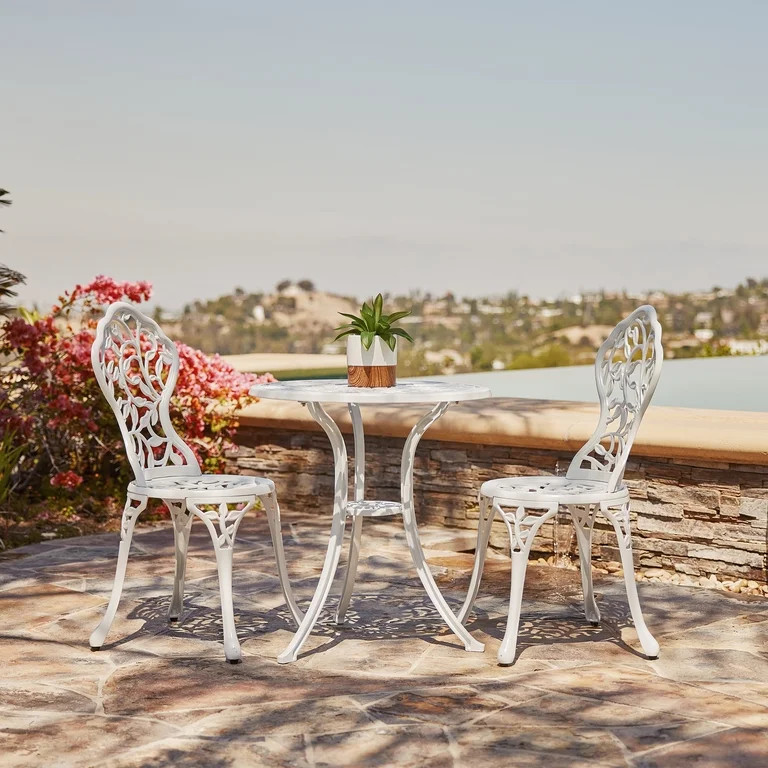 BELLEZE White Cast 3 Piece Bistro Outdoor Patio Set Leaf Design Weather Resistant Round Table 2 C... | Walmart (US)