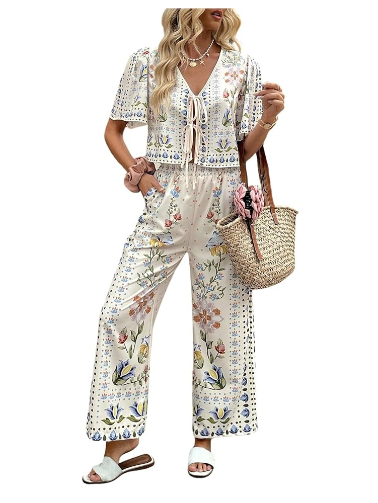 WDIRARA Women's 2 Piece Outfits Floral Print Short Sleeve Blouse Wide Leg Pants Set Boho Vacation... | Amazon (US)