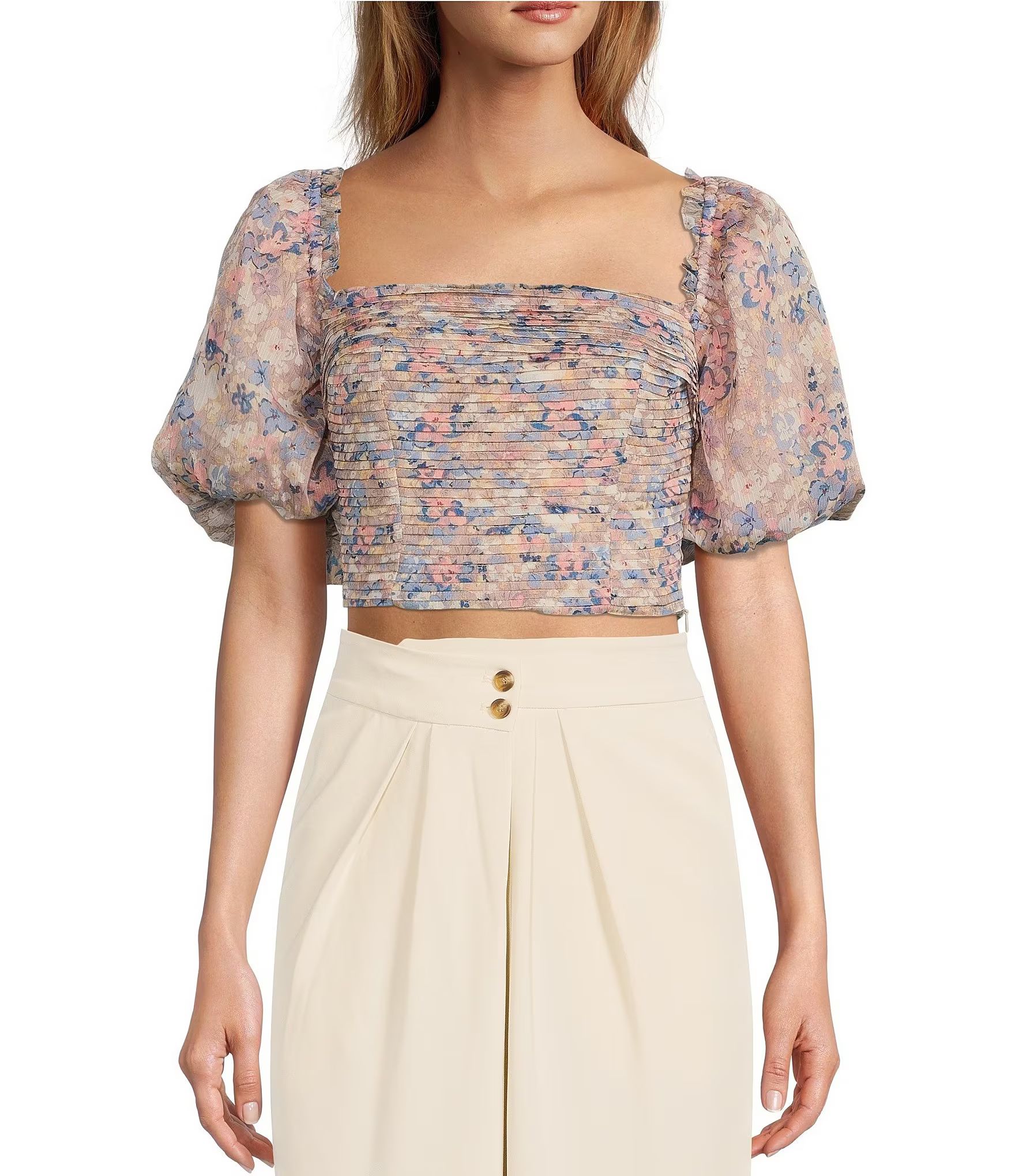 Lin Printed Woven Square Neck Puffed Sleeve Cropped Top | Dillard's