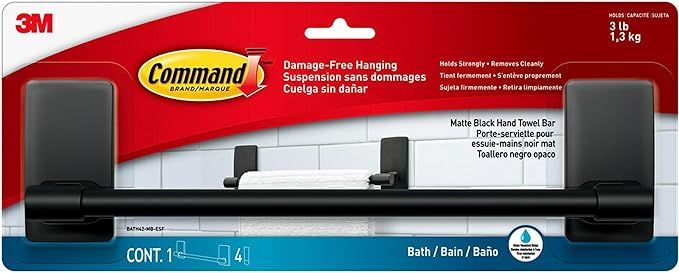 Command Hand Towel Bar Matte Black with Water Resistant Command Strips, Bathroom Décor, 9 in Bar... | Amazon (US)