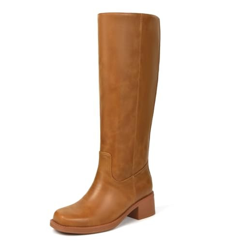 HEIFIN Knee High Riding Boots for Women - Brown & Tan Leather Platform, Square Toe, Chunky Low Heel, Tall, Wide Calf, Pull On Campus Boots | Amazon (US)