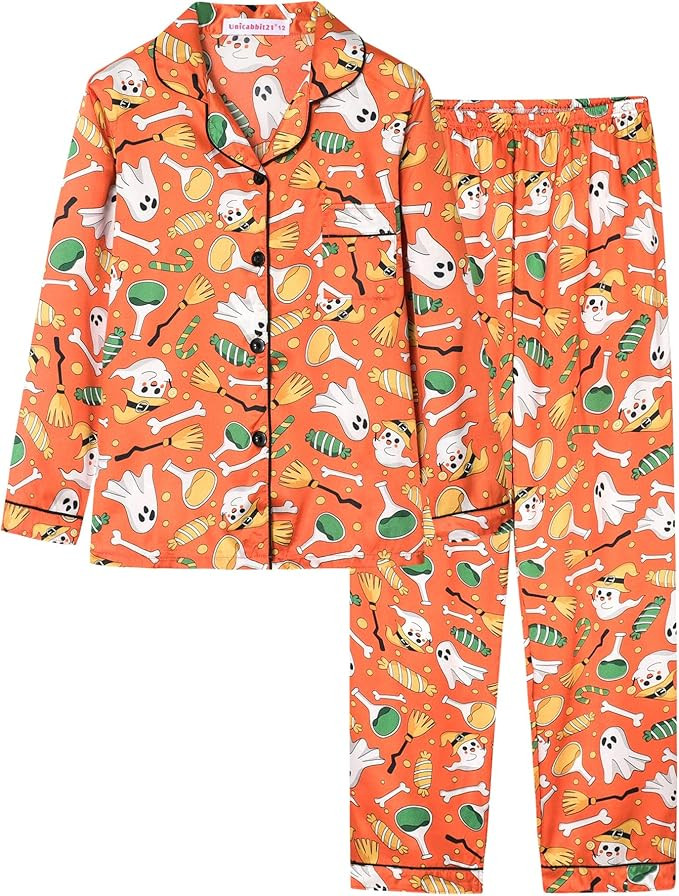 Satin Pajamas for Big Girls Unisex Kids Silk Button Down Long Sleeve & Pants PJS 2PCS Size 8-16 | Amazon (US)