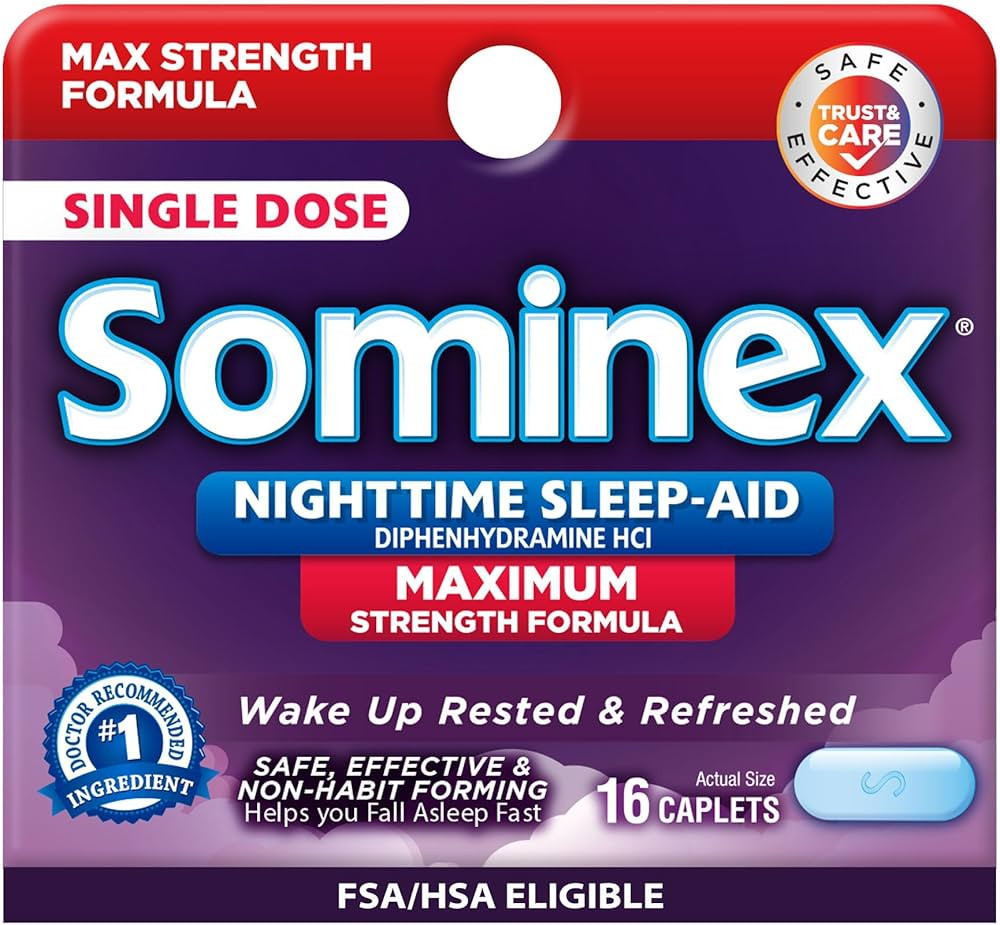 Sominex Nighttime Sleep-Aid Tablets, Maximum Strength Formula, Single Dose, Assorted, 16 Count | Amazon (US)